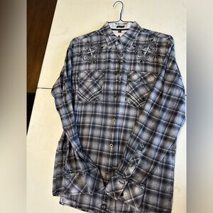 Roar Men’s embroidered button down sz large L grey plaid